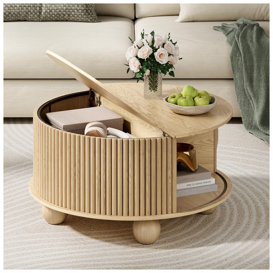 JOINICE, Round Coffee Table with Storage, Mid Century Modern Center Table with Sliding Cabinet Door, Fluted Dining Table for Living Room, Home Small Space, 31.5", Walnut