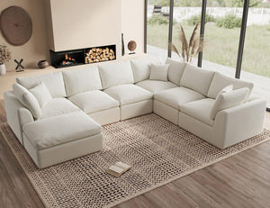 ohllob Oversized Cloud Couches for Living Room, Convertible Sectional Couch with Ottoman, 7 Seater Large Modular Sectional Sofa, Warm White