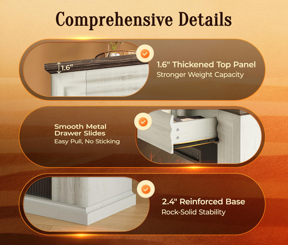 PRAISUN 70'' Fireplace TV Stand with 42'' Electric Fireplace, Farmhouse TV Stand for 65 75 Inch TV, Entertainment Center TV Console with 3 Drawers, Fluted Design, for Living Room, Distressed White