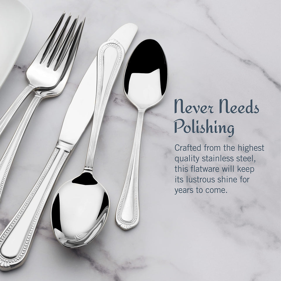 Mikasa Regent Bead 65-Piece Flatware Set for 12, 18/10 Stainless Steel Silverware with Full Service and Serving Utensils, Classic Beaded Edge Design