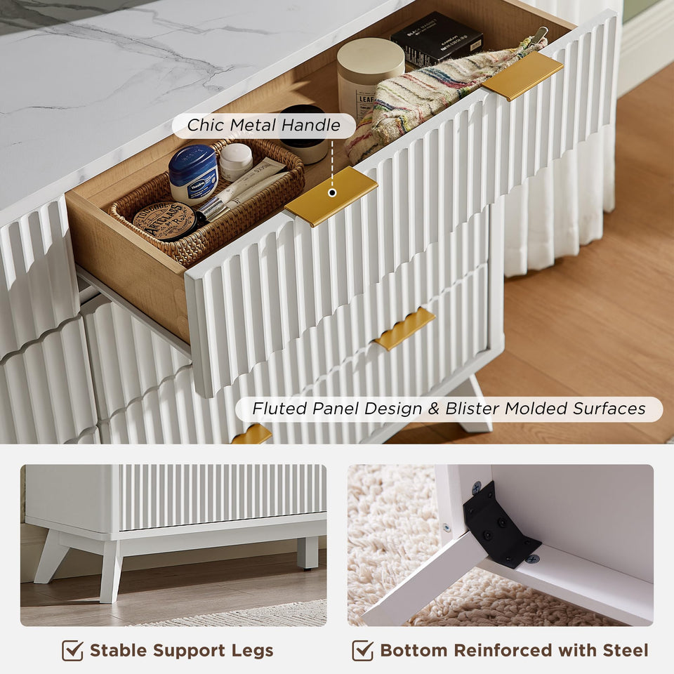 T4TREAM Fluted 7 Drawers Dresser, 54" Wide Modern Chest of Drawers with Faux Marble Top, Curved Profile Design, Dresser TV Stand, Wood Drawer Organizer for Bedroom, Living Room, Hallway, Natural Oak