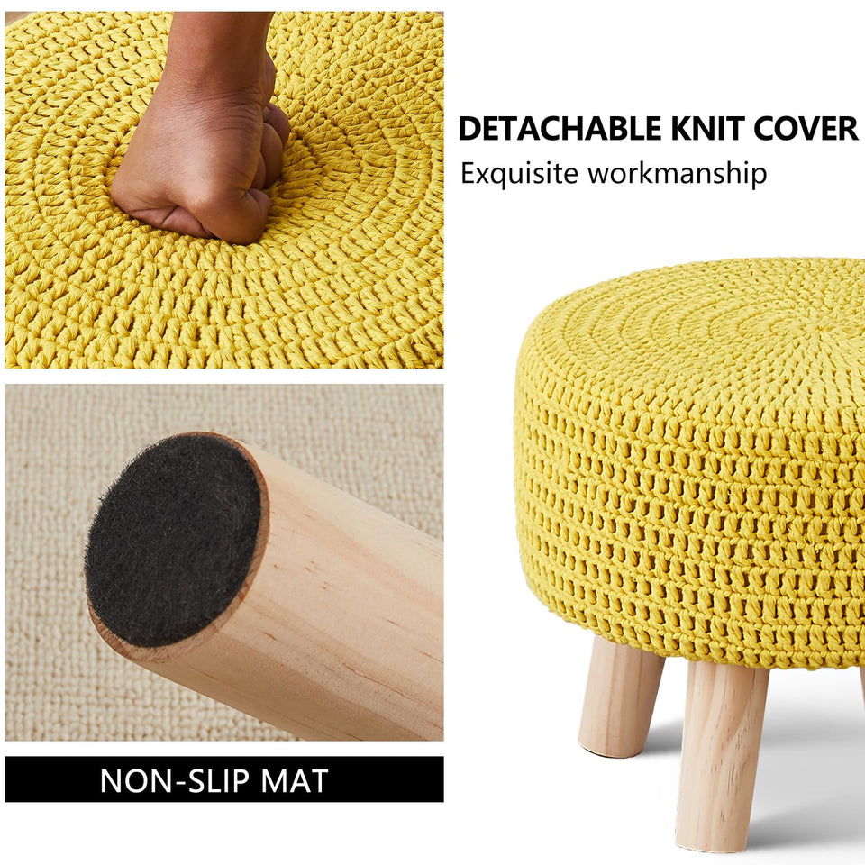 Wimarsbon Pouf Ottoman, 100% Cotton Knitted Boho Footstool, Round Footrest with Non-Skid Wood Legs, Home Décor Handmade Pouffe, Leisure Floor Step Stool for Living Room (Beige)
