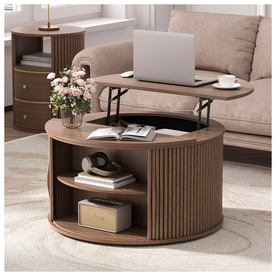 JOINICE, Round Coffee Table with Storage, Mid Century Modern Center Table with Sliding Cabinet Door, Fluted Dining Table for Living Room, Home Small Space, 31.5", Walnut