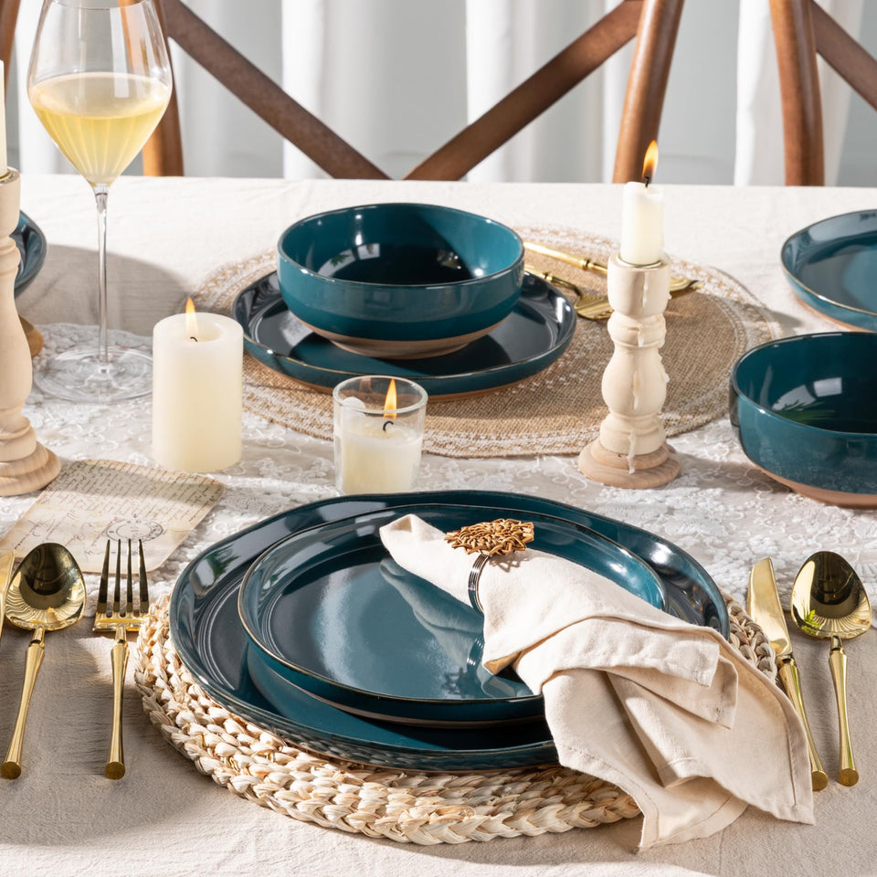 AmorArc Ceramic Dinnerware Sets for 8, 24 Pieces Handpainted Plates and Bowls Set with Rustic Terracotta Underside, Scratch Resistant Stoneware Dishes Set, Dishwasher & Microwave Safe, Light Beige