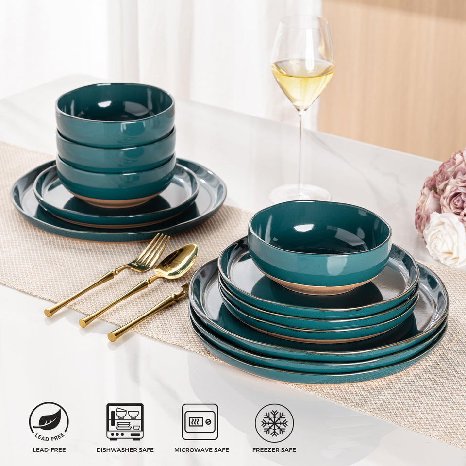 AmorArc Ceramic Dinnerware Sets for 8, 24 Pieces Handpainted Plates and Bowls Set with Rustic Terracotta Underside, Scratch Resistant Stoneware Dishes Set, Dishwasher & Microwave Safe, Light Beige