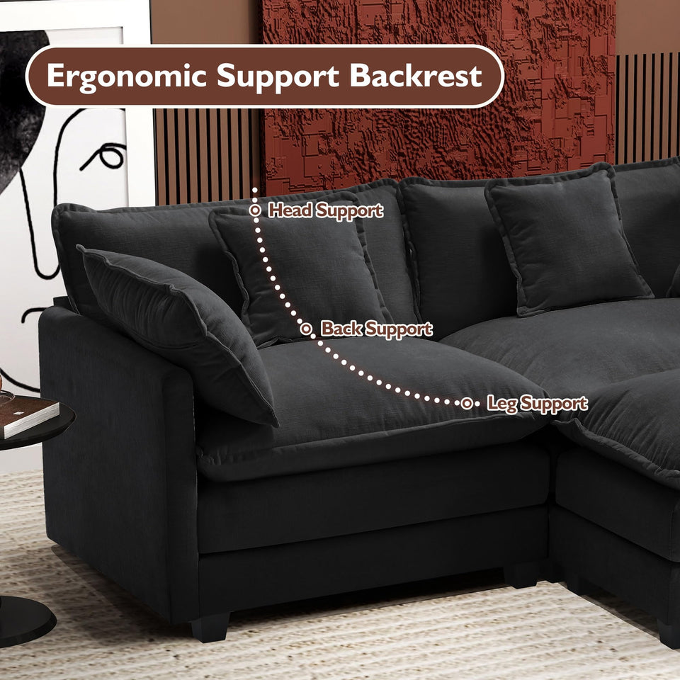 Ihanherry 146" U-Shaped Modern Sofa Modular Sectional Cloud Couch with 2 Ottoman, 6-Seat Chenille Deep Seat Sofa with 6 Pillows for Living Room, Bedroom and Apartment, Grey