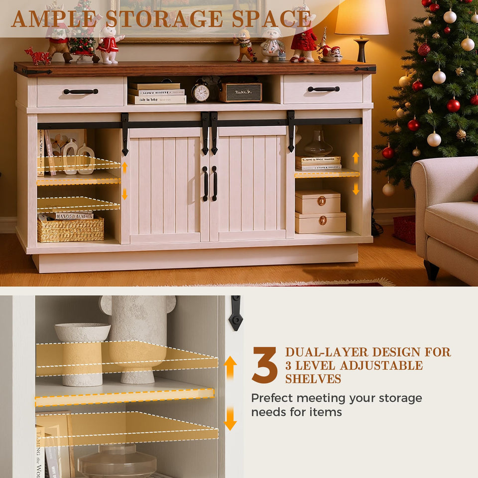 59'' Fireplace TV Stand with 3D Flame Electric Fireplace Heater, 34'' Tall Farmhouse TV Stand for 65 Inch TV, Entertainment Center TV Console with 2 Drawers, Sliding Barn Door for Living Room - White