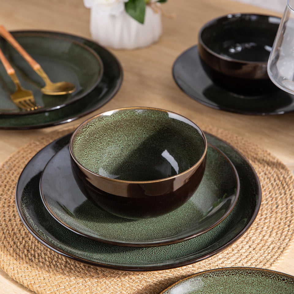 LeRatio Ceramic Dinnerware Sets for 6,Plates and Bowls Sets,Handmade Reactive Glaze Dishes Set,Chip Resistant and Scratch Resistant | Oven&Dishwasher & Microwave Safe-Blue(18PCS)