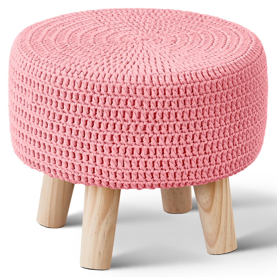 Wimarsbon Pouf Ottoman, 100% Cotton Knitted Boho Footstool, Round Footrest with Non-Skid Wood Legs, Home Décor Handmade Pouffe, Leisure Floor Step Stool for Living Room (Beige)
