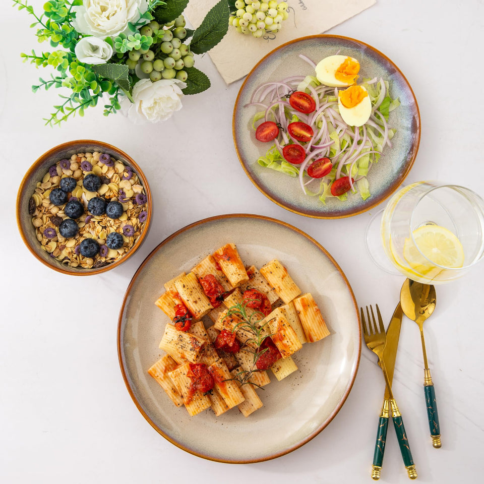 LeRatio Ceramic Dinnerware Sets for 6,Plates and Bowls Sets,Handmade Reactive Glaze Dishes Set,Chip Resistant and Scratch Resistant | Oven&Dishwasher & Microwave Safe-Blue(18PCS)