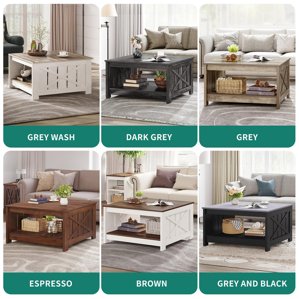 YITAHOME Coffee Table Farmhouse Coffee Table with Storage Rustic Wood Cocktail Table, Square Coffee Tables for Living Meeting Room with Half Open Storage Compartment, Grey Wash