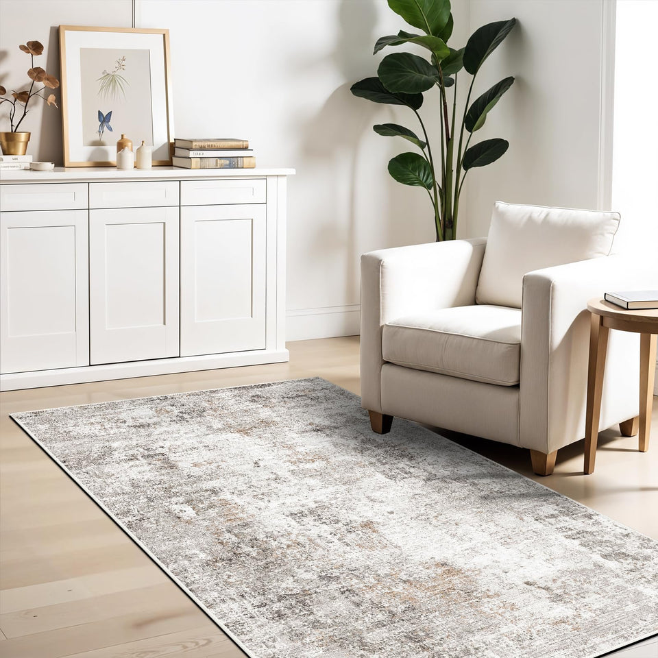 12x15 Area Rug for Living Room – Large Modern Neutral Abstract Thin Washable Carpet, Soft Low Pile Non-Slip Stain-Resistant for Bedroom Dining Room Home Office (Beige Grey)