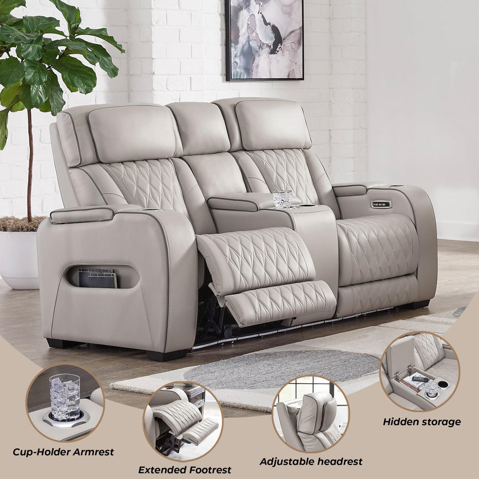 Signature Design by Ashley Boyington Contemporary Leather Match Power Reclining Sofa with USB Charging Ports, LED Lights and Adjustable Headrest, Light Gray