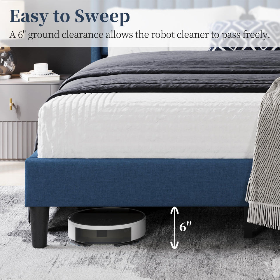 Yaheetech King Bed Frame Upholstered Platform Bed with Fabric Headboard, Wing Edge Design/Non-Slip and Noise-Free/Wooden Slats Support/No Box Spring Needed/Easy Assembly, Ivory King Bed