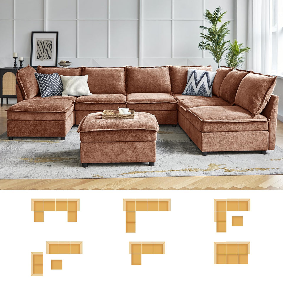 HULALA HOME 127'' Modular Sectional Sofa, Oversized U Shaped Couch with Storage Ottoman, Comfy Chenille Sofa with Deep Seat, 6 Seat Convertible Couches for Living Room, Beige