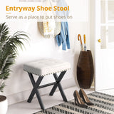 LUE BONA Square Linen Makeup Stool, Metal X Legs, Small Ottoman Stool Chair for Vanity, Modern Padded Seat Foot Rest for Makeup Room, Bathroom