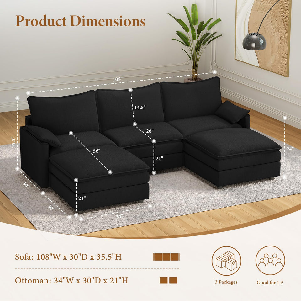 Vesgantti 142" U Shaped Sectional Couch, Comfy Cloud Modular Sectional Sofa with 2 Ottoman Deep Seat Chenille Modern Cloud Sofa, Modular Sofas for Living Room, Bedroom and Apartment, Beige