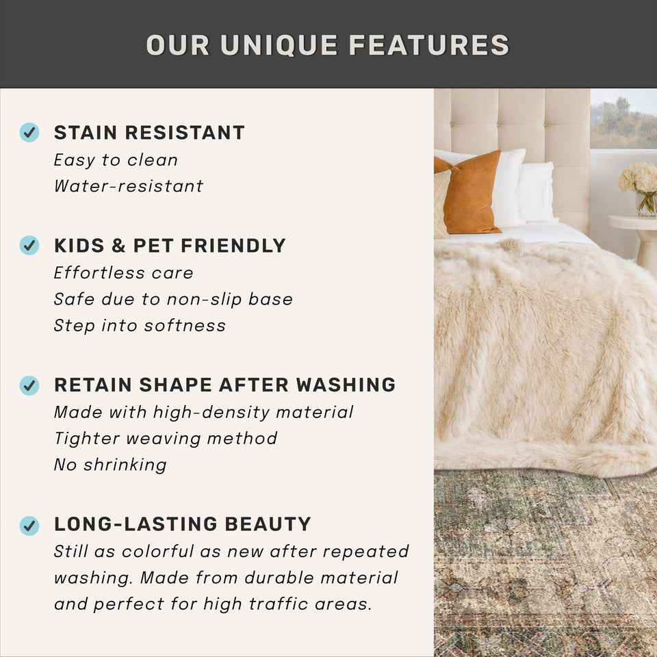 Neutral Living Room Rug - 10x14 Farmhouse Beige Brown Large Area Rug for Dining Room, Bedroom, Low Pile Lightweight Washable