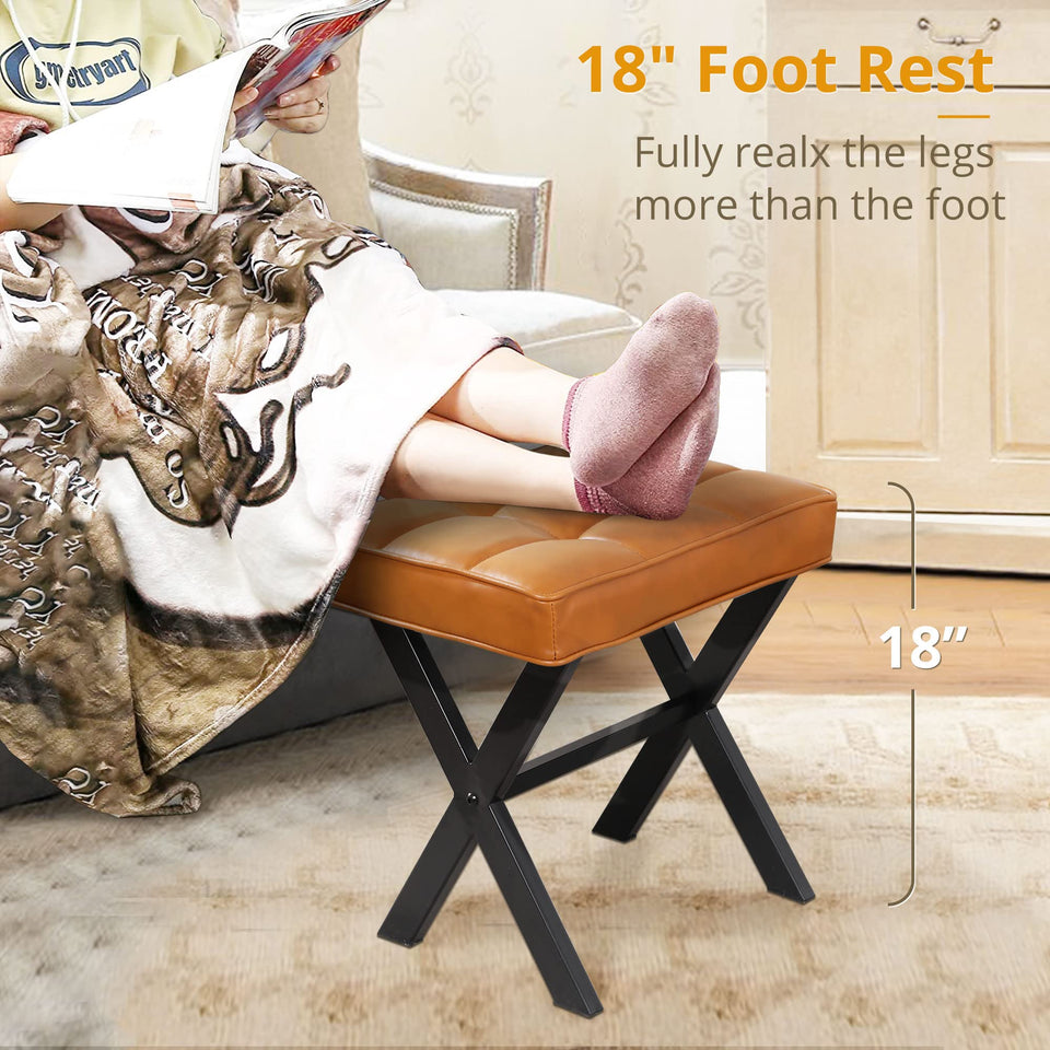 LUE BONA Square Linen Makeup Stool, Metal X Legs, Small Ottoman Stool Chair for Vanity, Modern Padded Seat Foot Rest for Makeup Room, Bathroom