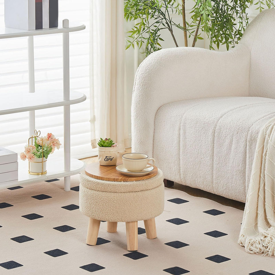Wimarsbon Storage Ottoman, Modern Round Footrest with Soft Padded Seat, Teddy Velvet Footstool with Wood Legs, Accent Small Table or Plant Stand for Hallway, Living Room (Cream)