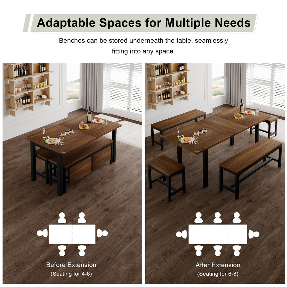 Feonase 5-Piece Dining Table Set for 4-8 People, 63" Large Extendable Kitchen Table Set with 2 Benches and 2 Square Stools, Dining Room Table with MDF Wood Board, Easy Assembly, Black