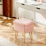 Sweetcrispy Vanity Stool Chair with Storage, Ottoman Faux Fur Soft Padded Makeup Footstools Seat with 4 Metal Legs Anti-Slip Adjustable Feet Modern Cute Small Footrest for Home Entryway Bedroom White