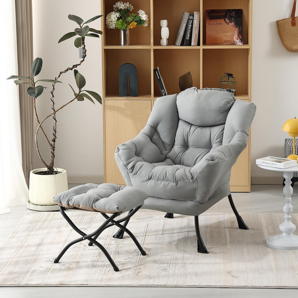 Welnow Lazy Chair with Ottoman, Modern Lounge Accent Chair with Armrests and a Side Pocket, Leisure Sofa Armchair, Reading Armchair with Footrest for Small Space, Dark Grey