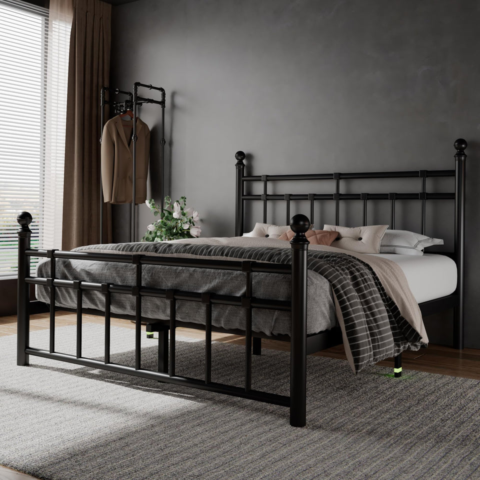 Feonase King Size Metal Platform Bed Frame with Victorian Classic Iron-Art Headboard & Footboard, Steel Slats Support, 12" Under Bed Storage, No Box Spring Needed, Easy Assembly, Noise-Free, Black