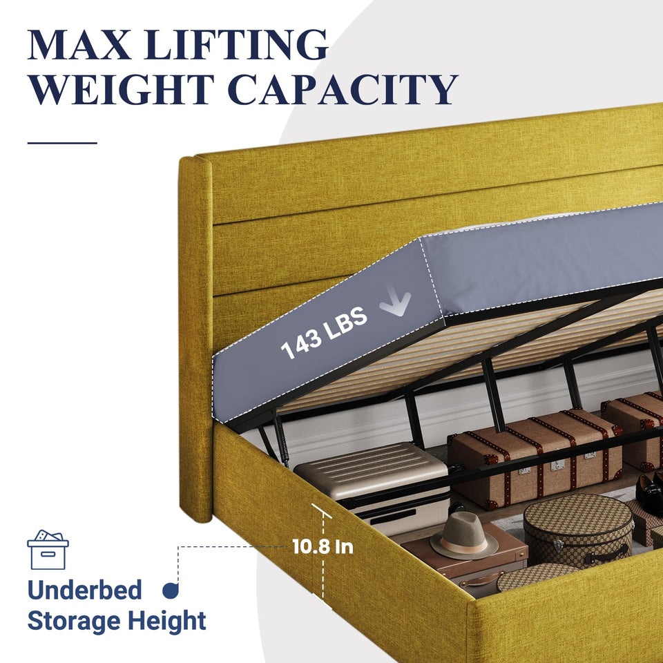 Allewie King Size Lift Up Storage Bed, Modern Wingback Headboard, Hydraulic Support, No Box Spring Needed, Light Beige