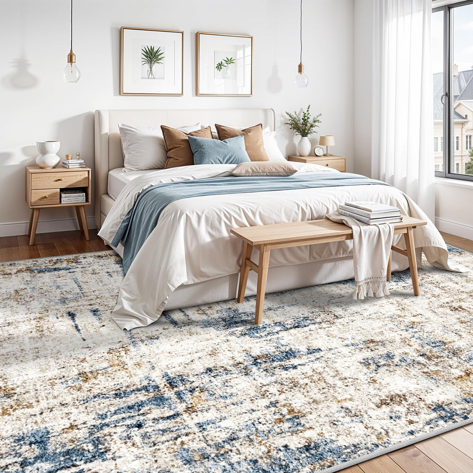 12x15 Area Rug for Living Room – Large Modern Neutral Abstract Thin Washable Carpet, Soft Low Pile Non-Slip Stain-Resistant for Bedroom Dining Room Home Office (Beige Grey)