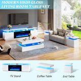 AMERLIFE Fireplace TV Stand with 36" Fireplace, 70" Modern High Gloss Fireplace Entertainment Center LED Lights, 2 Tier TV Console Cabinet for TVs Up to 80", Obsidian Black