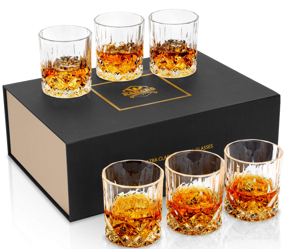 KANARS Old Fashioned Whiskey Glasses with Luxury Box - 10 Oz Rocks Barware For Scotch, Bourbon, Liquor and Cocktail Drinks - Set of 4 - Men Gift