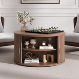 JOINICE, Round Coffee Table with Storage, Mid Century Modern Center Table with Sliding Cabinet Door, Fluted Dining Table for Living Room, Home Small Space, 31.5", Walnut