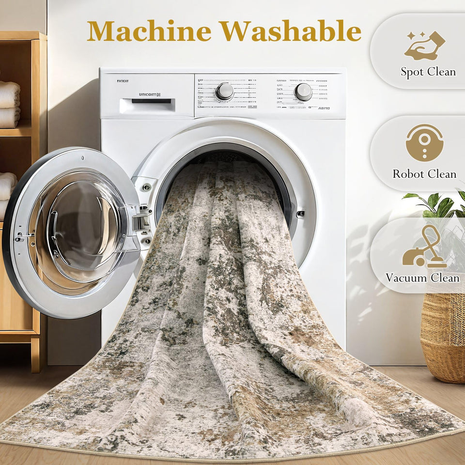 Area Rugs for Living Room: 12x15 Abstract Washable Rug Modern Neutral Large Soft Stain Resistant Non-Slip Backing Machine Table for Bedroom Dining Room Indoor Home Office Carpet - Gold Brown