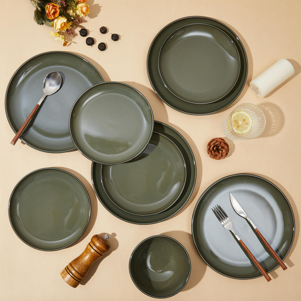 Pokini 24 Piece Dinnerware Sets for 8, Modern Stoneware Plates and Bowls Setst, Perfect for Family Gatherings & Holiday Celebrations, Easy Cleaning Dishes Set, Stack Compactly Dishware, Brown Green