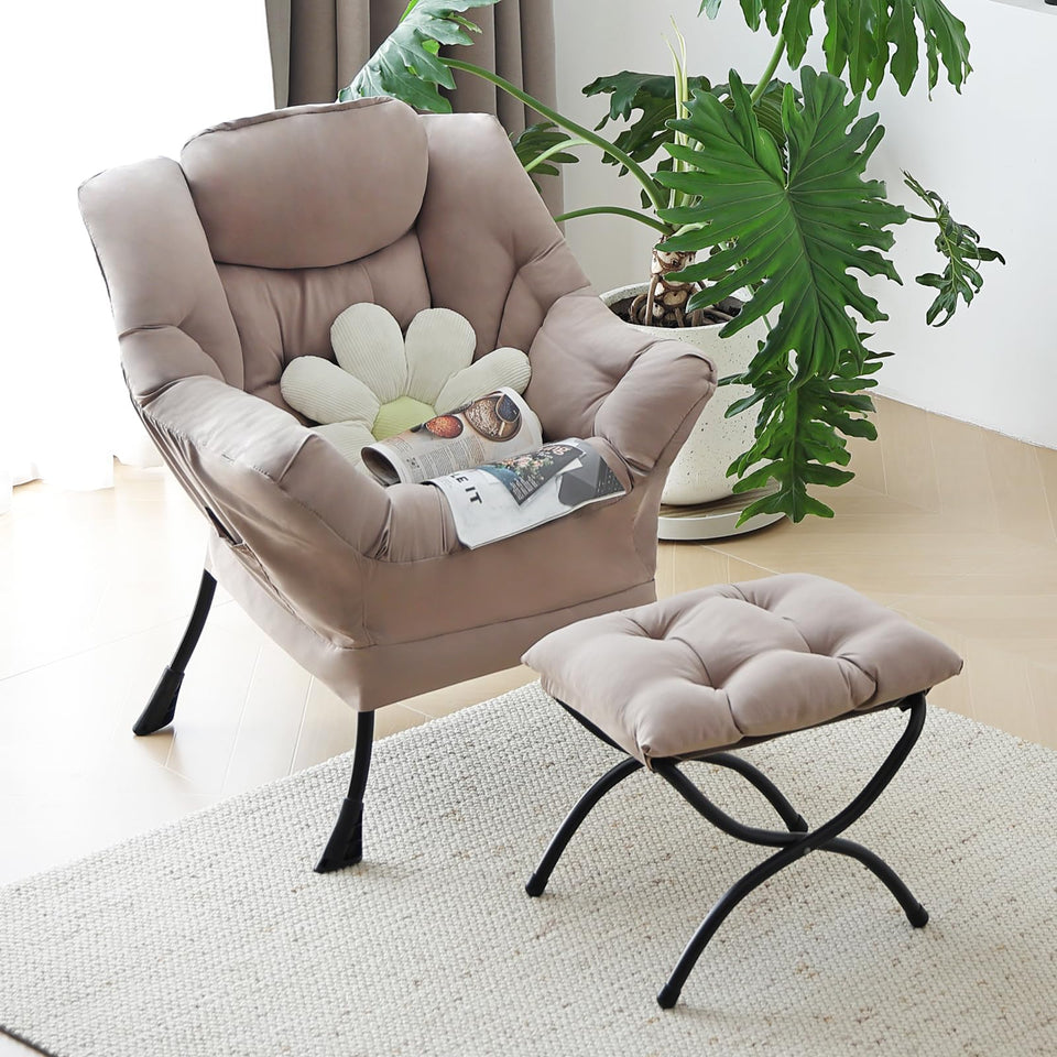 Welnow Lazy Chair with Ottoman, Modern Lounge Accent Chair with Armrests and a Side Pocket, Leisure Sofa Armchair, Reading Armchair with Footrest for Small Space, Dark Grey