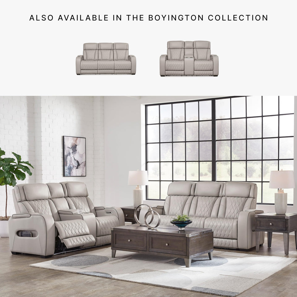 Signature Design by Ashley Boyington Contemporary Leather Match Power Reclining Sofa with USB Charging Ports, LED Lights and Adjustable Headrest, Light Gray