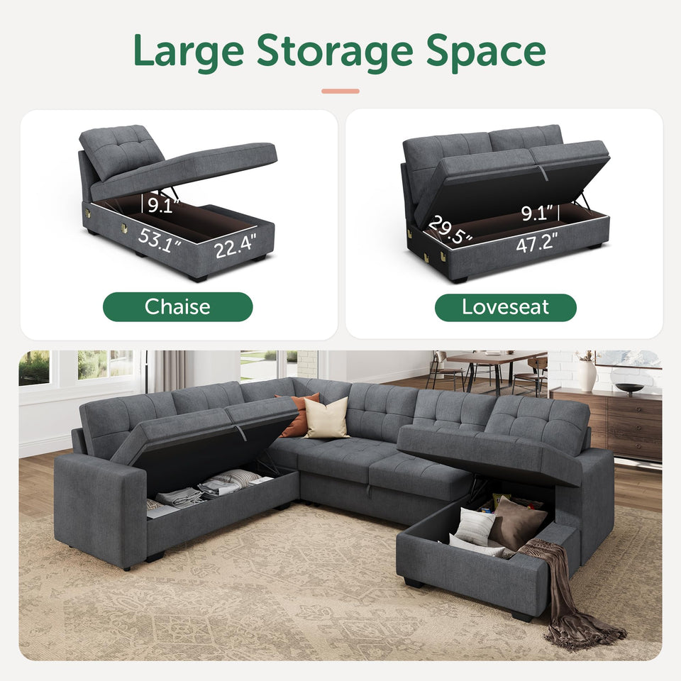 HONBAY Sectional Sleeper Sofa Pull Out Bed with Storage Chaise, Sectional Sofa Couch, Sleeper Couch Bed for Living Room, Dark Grey
