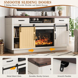 59'' Fireplace TV Stand with 3D Flame Electric Fireplace Heater, 34'' Tall Farmhouse TV Stand for 65 Inch TV, Entertainment Center TV Console with 2 Drawers, Sliding Barn Door for Living Room - White