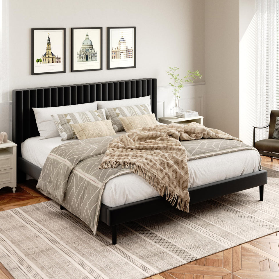 HAOARA King Size Bed Frame,King Size Platform Bed Frame and Velvet Upholstered Headboard with Strong Wood Slats, Box Spring Optional, Mattress Foundation, Easy Assembly Beige