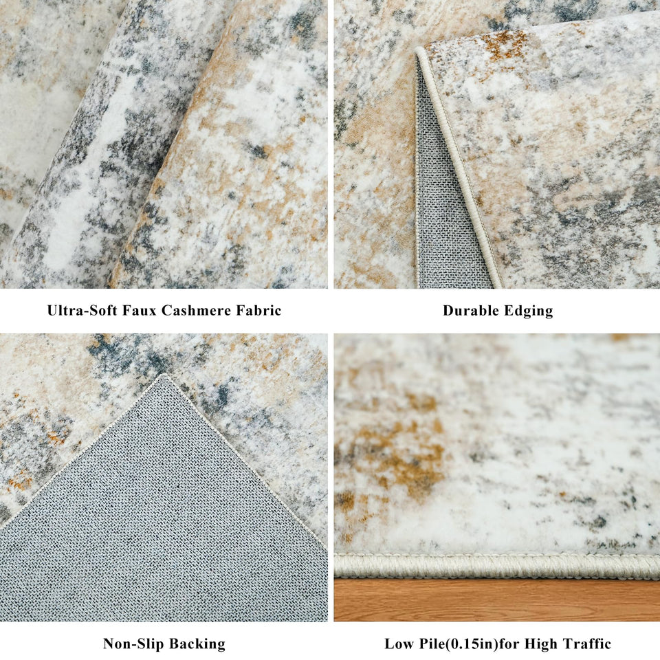 12x15 Area Rug for Living Room – Large Modern Neutral Abstract Thin Washable Carpet, Soft Low Pile Non-Slip Stain-Resistant for Bedroom Dining Room Home Office (Beige Grey)