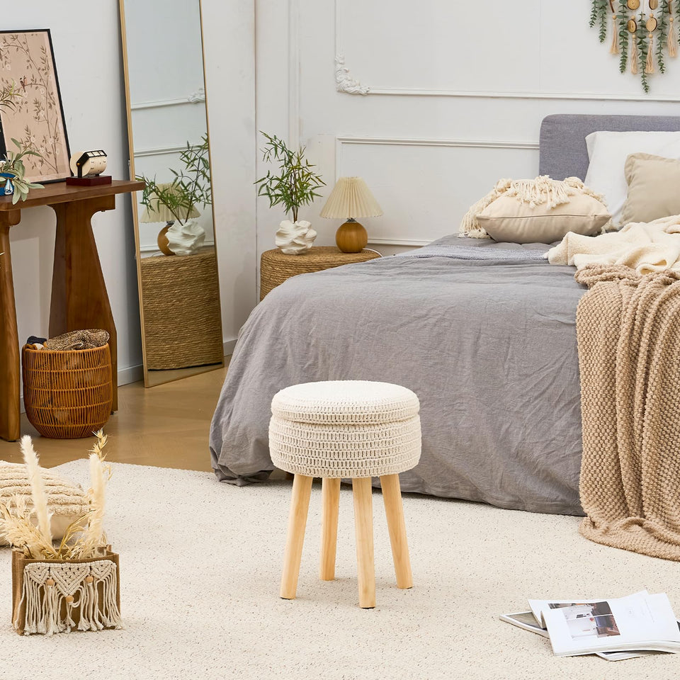 Wimarsbon Pouf Ottoman, 100% Cotton Knitted Boho Footstool, Round Footrest with Non-Skid Wood Legs, Home Décor Handmade Pouffe, Leisure Floor Step Stool for Living Room (Beige)