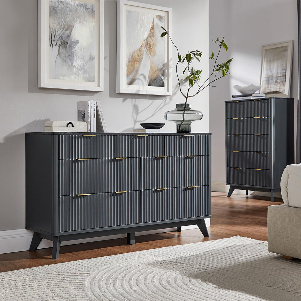 T4TREAM Fluted 7 Drawers Dresser, 54" Wide Modern Chest of Drawers with Faux Marble Top, Curved Profile Design, Dresser TV Stand, Wood Drawer Organizer for Bedroom, Living Room, Hallway, Natural Oak