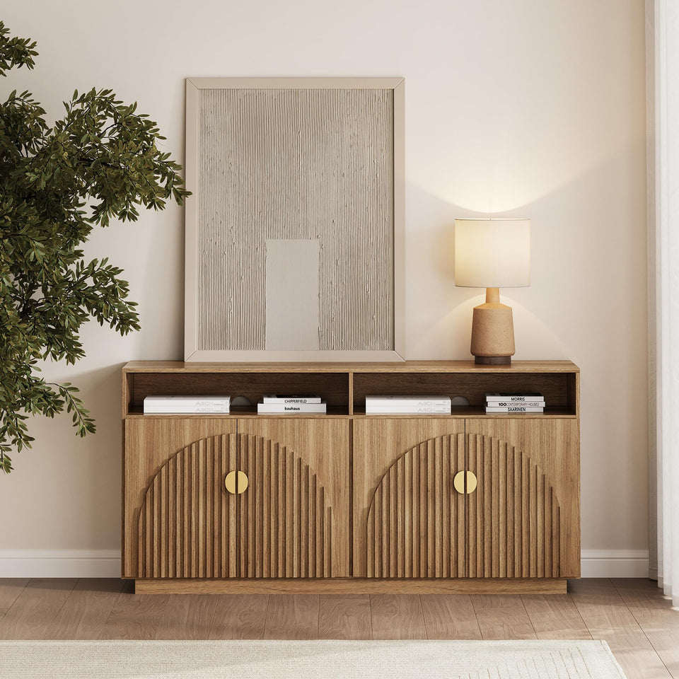 BELLEZE 65 Inch Fluted Buffet Cabinet with Storage, Symmetrical Arc Accent Sideboard Large Console Table for Dining Room, Kitchen, and Living Room (Caramel Brown)