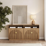 BELLEZE 65 Inch Fluted Buffet Cabinet with Storage, Symmetrical Arc Accent Sideboard Large Console Table for Dining Room, Kitchen, and Living Room (Caramel Brown)