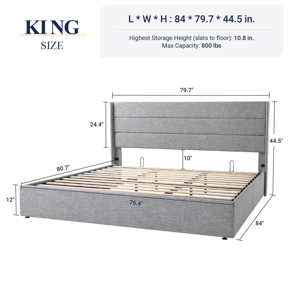 Allewie King Size Lift Up Storage Bed, Modern Wingback Headboard, Hydraulic Support, No Box Spring Needed, Light Beige