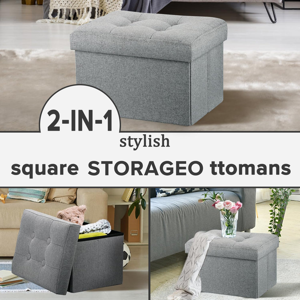 LINMAGCO Ottoman Storage Ottoman with Storage Small Foot Rest Stool Under Desk Stool Short Folding Footrest Linen Cloth Dark Gray 16X12X12IN