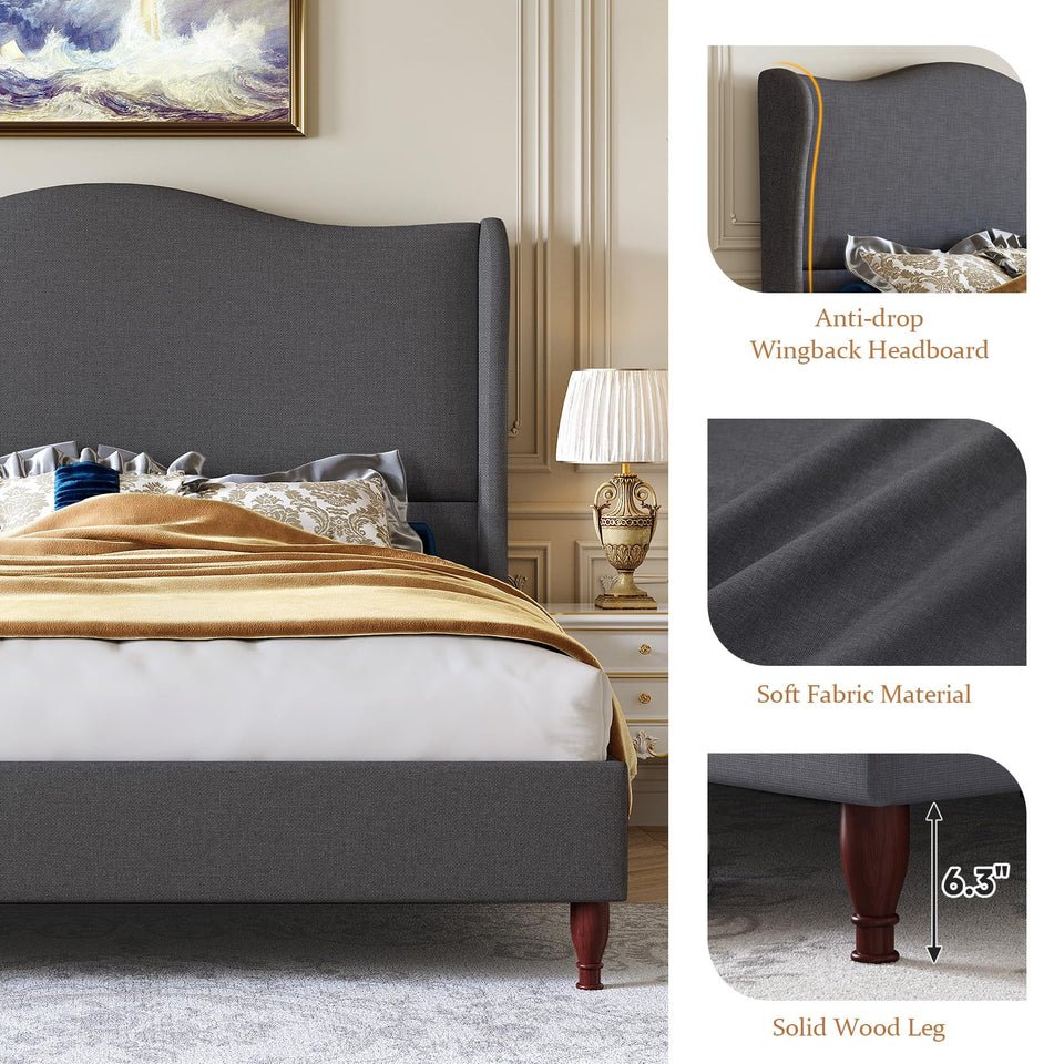 koorlian King Size Bed Frame Upholstered Platform Bed with 51" Tall Headboard Wingback, Soft Fabric, Retro Simple Style Platform Bed No Box Spring Needed, Easy Assembly, Beige