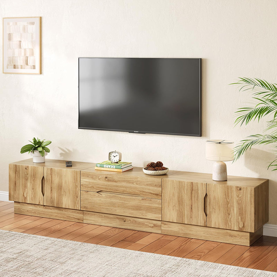 UKAOCAI 86.61'' Tambour TV Stand for 55-85 Inch, Modern Entertainment Center with Large Storage Cabinet & Open Shelves, TV Console with Sliding Doors for Living Room, Bedroom, Natural