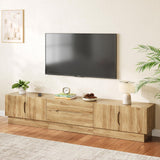 UKAOCAI 86.61'' Tambour TV Stand for 55-85 Inch, Modern Entertainment Center with Large Storage Cabinet & Open Shelves, TV Console with Sliding Doors for Living Room, Bedroom, Natural